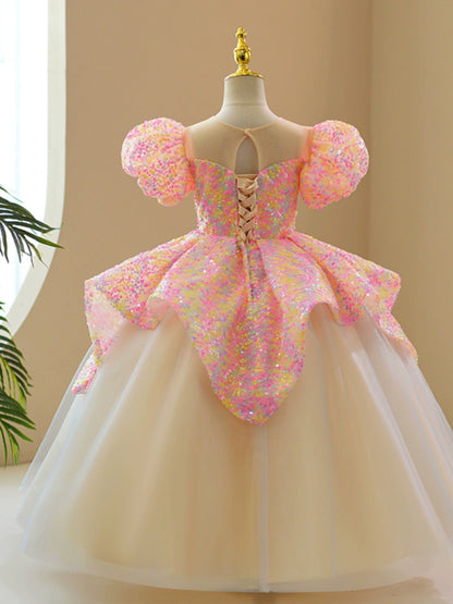 Princess Pink Sequined Crossed Straps Baptism Sequins Floor Length Short Sleeve Puff Sleeve Round Flower Girl Dress