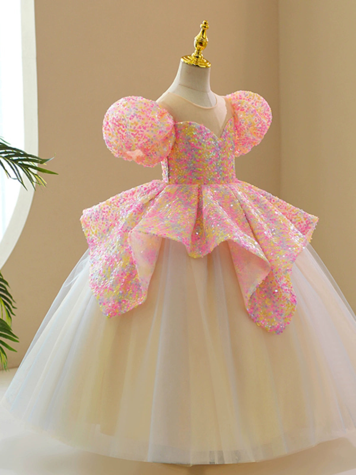 Princess Pink Sequined Crossed Straps Baptism Sequins Floor Length Short Sleeve Puff Sleeve Round Flower Girl Dress