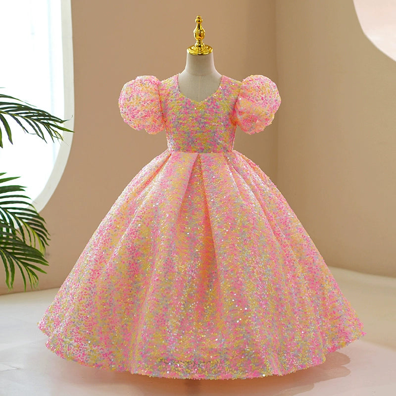 Princess Pink Sequined Crossed Straps Baptism Sequins Floor Length Short Sleeve Puff Sleeve Square Flower Girl Dress