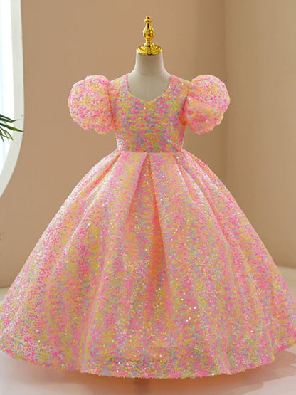 Princess Pink Sequined Crossed Straps Baptism Sequins Floor Length Short Sleeve Puff Sleeve Square Flower Girl Dress