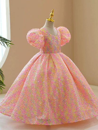 Princess Pink Sequined Crossed Straps Baptism Sequins Floor Length Short Sleeve Puff Sleeve Square Flower Girl Dress