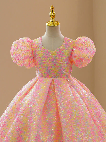 Princess Pink Sequined Crossed Straps Baptism Sequins Floor Length Short Sleeve Puff Sleeve Square Flower Girl Dress