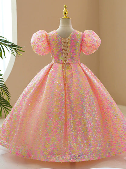 Princess Pink Sequined Crossed Straps Baptism Sequins Floor Length Short Sleeve Puff Sleeve Square Flower Girl Dress