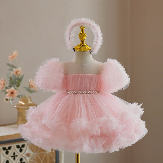 Princess Pink Tulle Back Zip Baptism Beaded Tea Length Short Sleeve Cold Shoulder Sleeve Round Flower Girl Dress