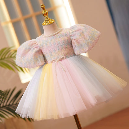 Princess Pink Tulle Back Zip Baptism Beaded Tea Length Short Sleeve Puff Sleeve Round Flower Girl Dress