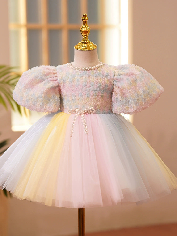 Princess Pink Tulle Back Zip Baptism Beaded Tea Length Short Sleeve Puff Sleeve Round Flower Girl Dress