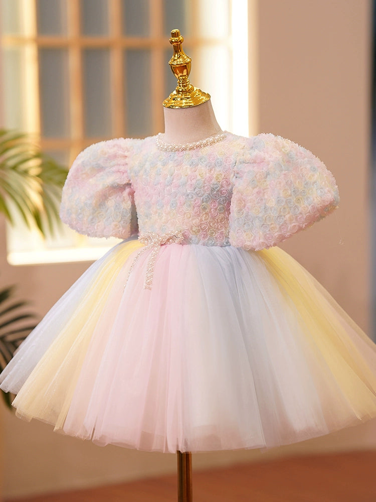 Princess Pink Tulle Back Zip Baptism Beaded Tea Length Short Sleeve Puff Sleeve Round Flower Girl Dress