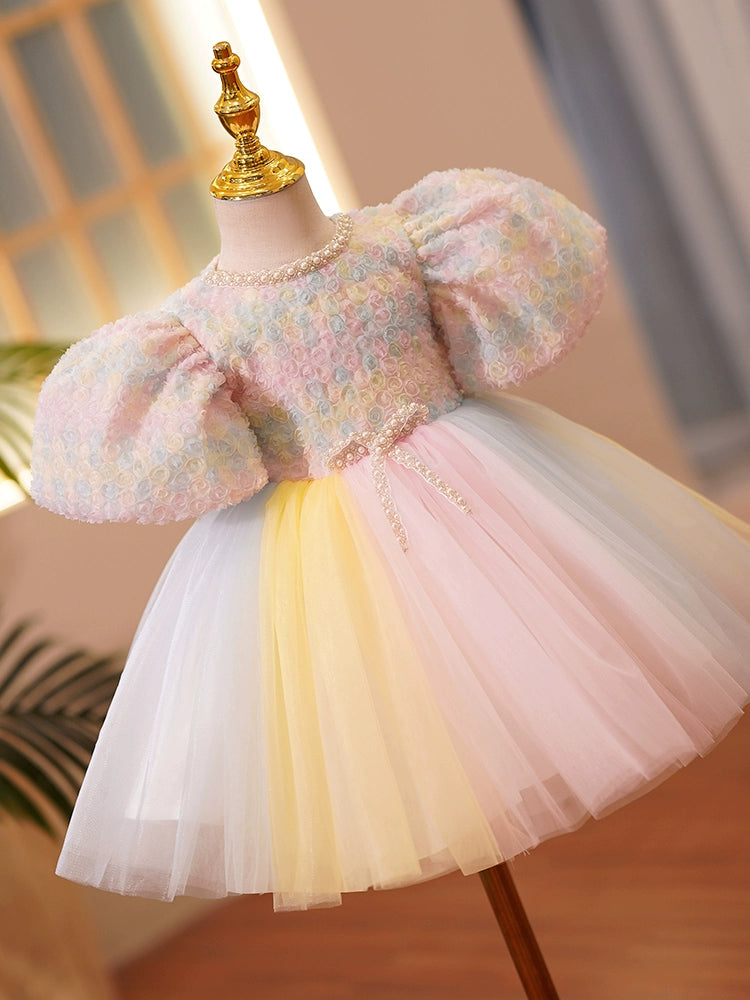 Princess Pink Tulle Back Zip Baptism Beaded Tea Length Short Sleeve Puff Sleeve Round Flower Girl Dress