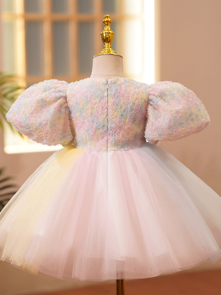 Princess Pink Tulle Back Zip Baptism Beaded Tea Length Short Sleeve Puff Sleeve Round Flower Girl Dress