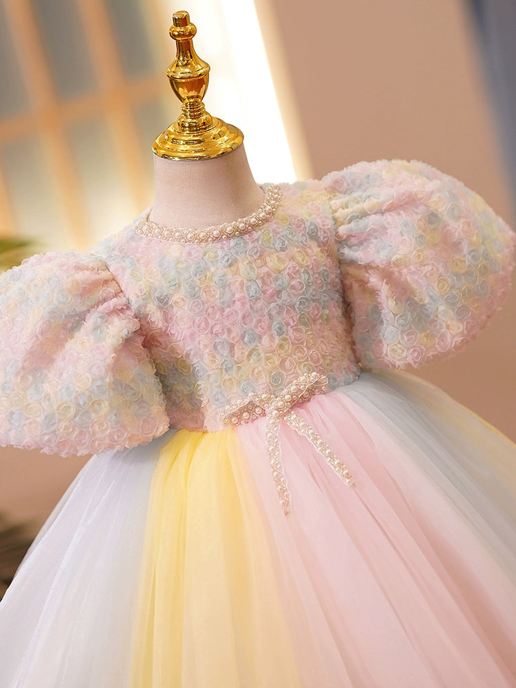 Princess Pink Tulle Back Zip Baptism Beaded Tea Length Short Sleeve Puff Sleeve Round Flower Girl Dress