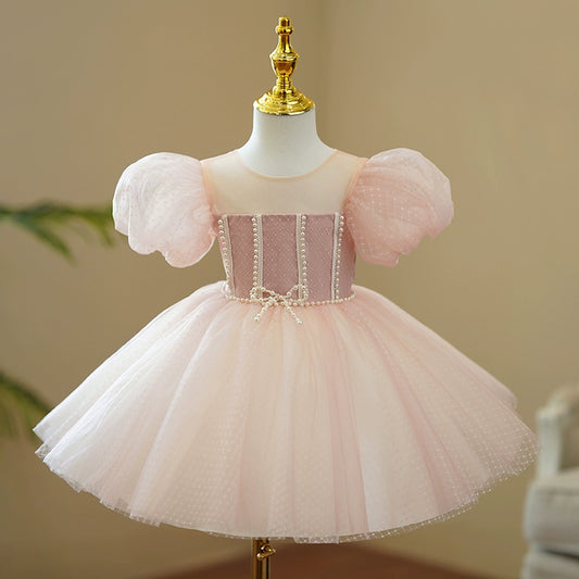 Princess Pink Tulle Back Zip Baptism Beaded Tea Length Short Sleeve Puff Sleeve Round Flower Girl Dress