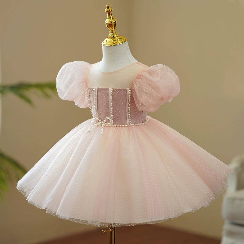 Princess Pink Tulle Back Zip Baptism Beaded Tea Length Short Sleeve Puff Sleeve Round Flower Girl Dress