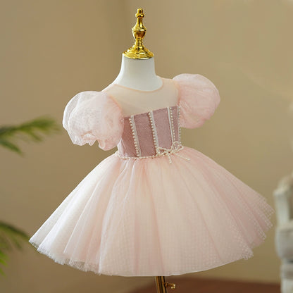 Princess Pink Tulle Back Zip Baptism Beaded Tea Length Short Sleeve Puff Sleeve Round Flower Girl Dress