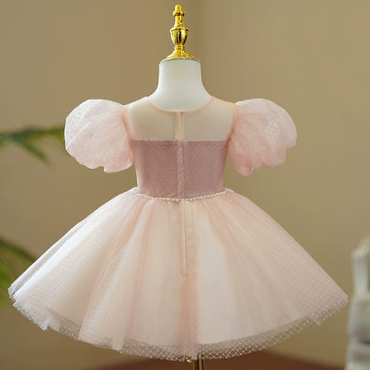 Princess Pink Tulle Back Zip Baptism Beaded Tea Length Short Sleeve Puff Sleeve Round Flower Girl Dress