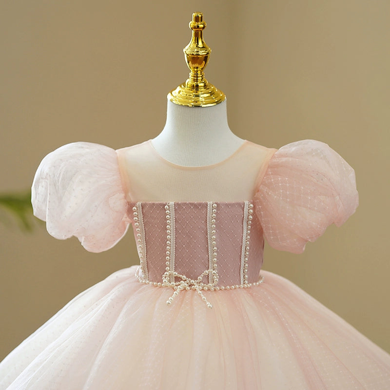 Princess Pink Tulle Back Zip Baptism Beaded Tea Length Short Sleeve Puff Sleeve Round Flower Girl Dress