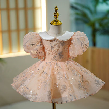 Princess Pink Tulle Back Zip Baptism Flower(s) Tea Length Short Sleeve Puff Sleeve Collared Neck Flower Girl Dress