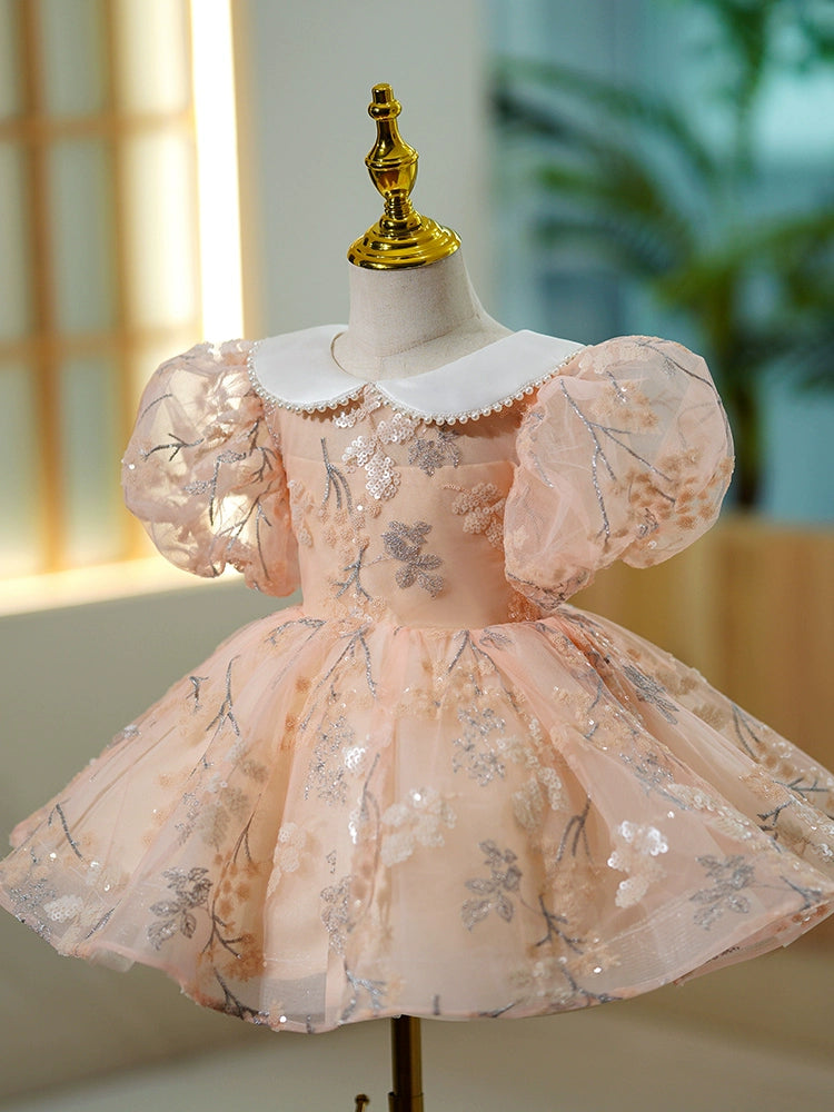 Princess Pink Tulle Back Zip Baptism Flower(s) Tea Length Short Sleeve Puff Sleeve Collared Neck Flower Girl Dress