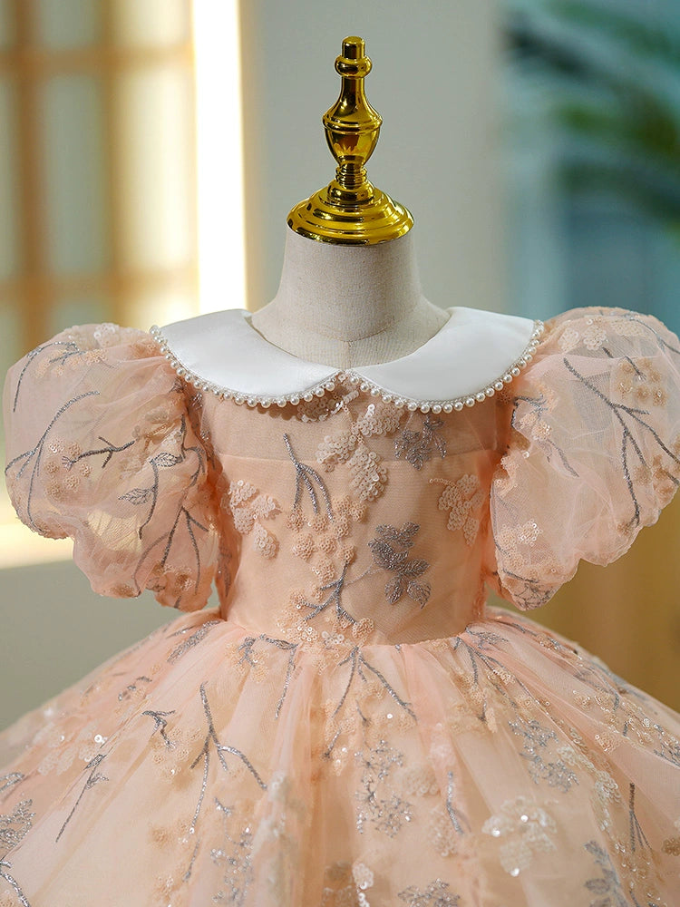 Princess Pink Tulle Back Zip Baptism Flower(s) Tea Length Short Sleeve Puff Sleeve Collared Neck Flower Girl Dress