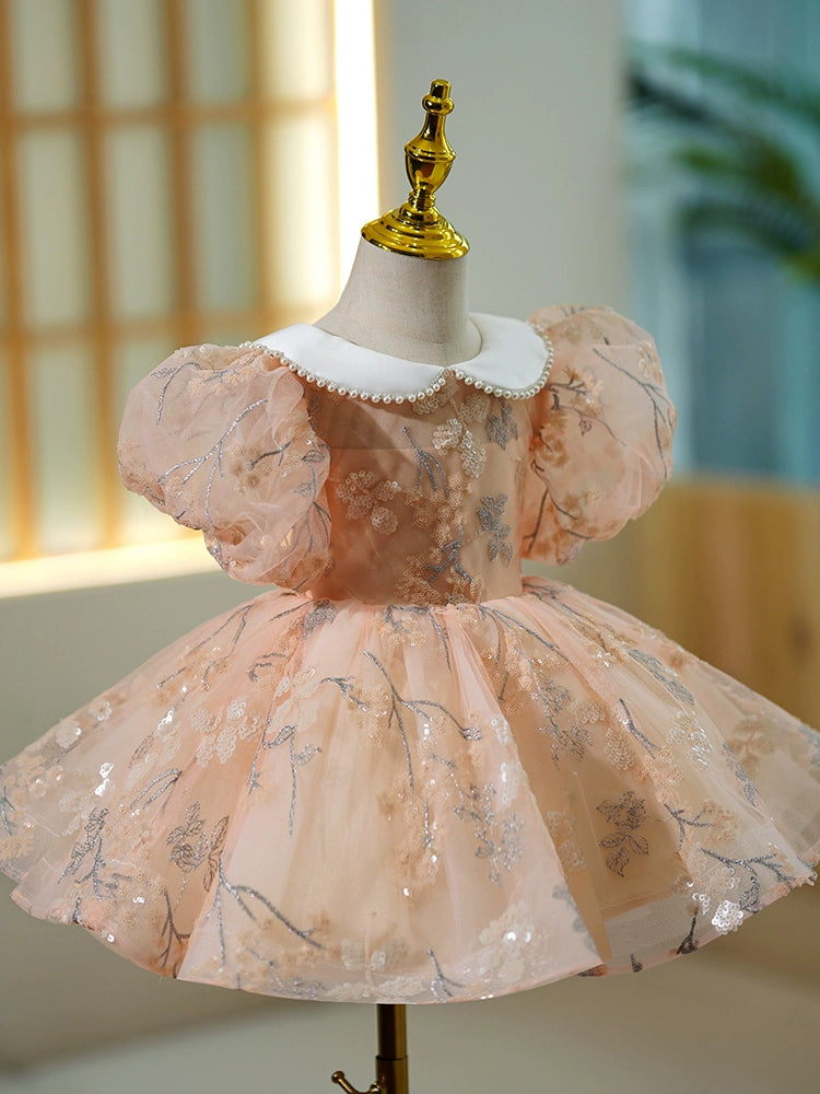 Princess Pink Tulle Back Zip Baptism Flower(s) Tea Length Short Sleeve Puff Sleeve Collared Neck Flower Girl Dress