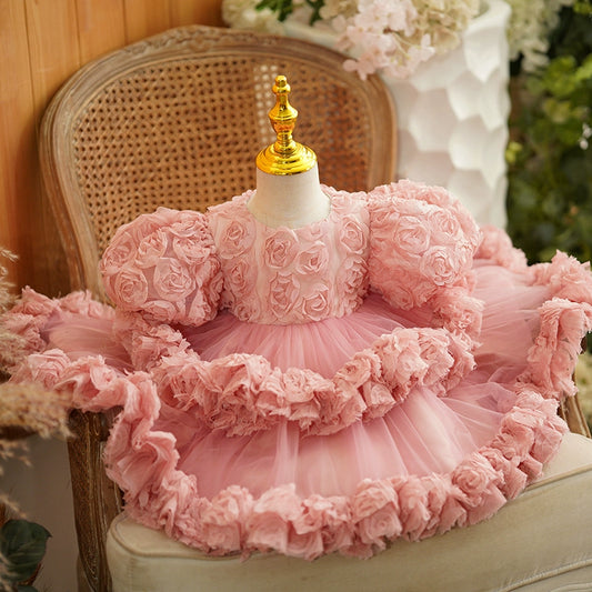 Princess Pink Tulle Back Zip Baptism Flower(s) Tea Length Short Sleeve Puff Sleeve Round Flower Girl Dress