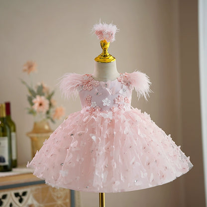 Princess Pink Tulle Back Zip Baptism Flower(s) Tea Length Sleeveless Cap Sleeve Round Flower Girl Dress