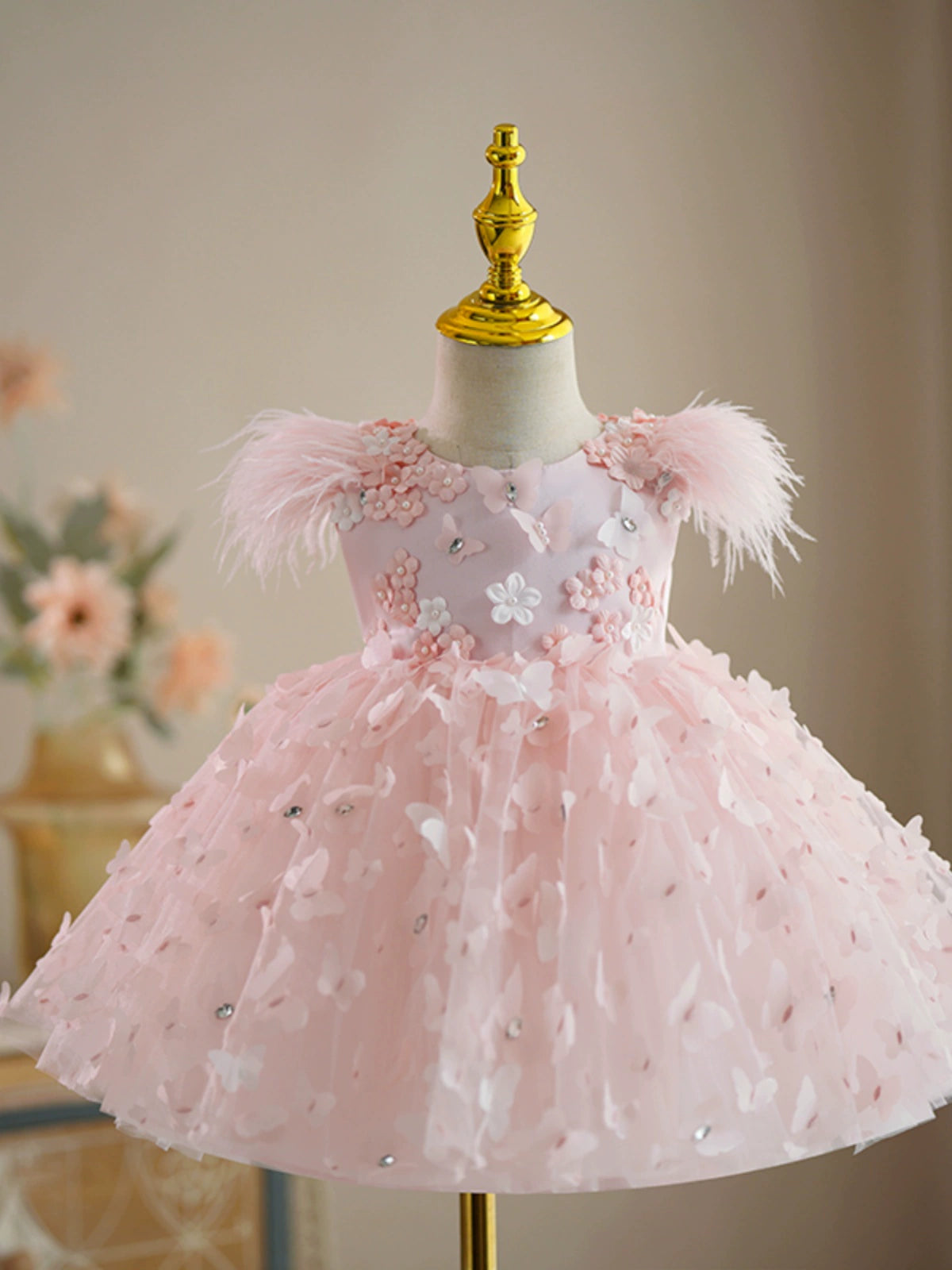 Princess Pink Tulle Back Zip Baptism Flower(s) Tea Length Sleeveless Cap Sleeve Round Flower Girl Dress