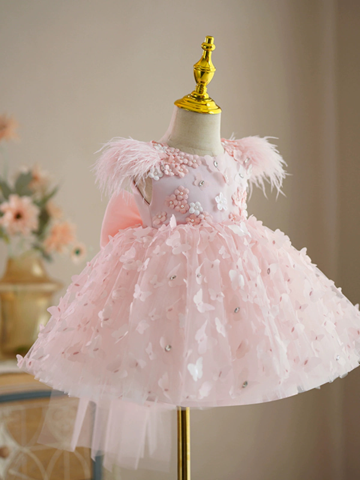 Princess Pink Tulle Back Zip Baptism Flower(s) Tea Length Sleeveless Cap Sleeve Round Flower Girl Dress