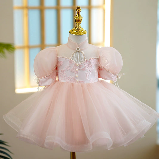 Princess Pink Tulle Back Zip Baptism Lace Tea Length Short Sleeve Puff Sleeve Mock Neck Flower Girl Dress