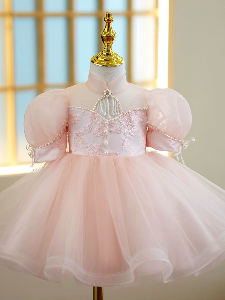 Princess Pink Tulle Back Zip Baptism Lace Tea Length Short Sleeve Puff Sleeve Mock Neck Flower Girl Dress