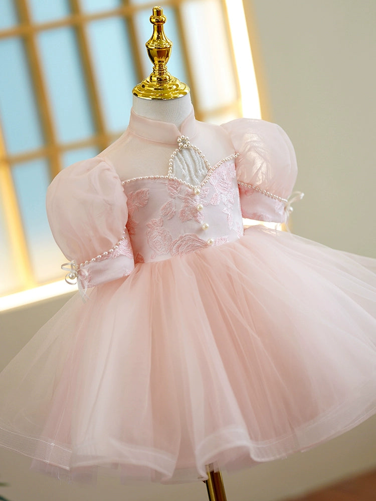 Princess Pink Tulle Back Zip Baptism Lace Tea Length Short Sleeve Puff Sleeve Mock Neck Flower Girl Dress