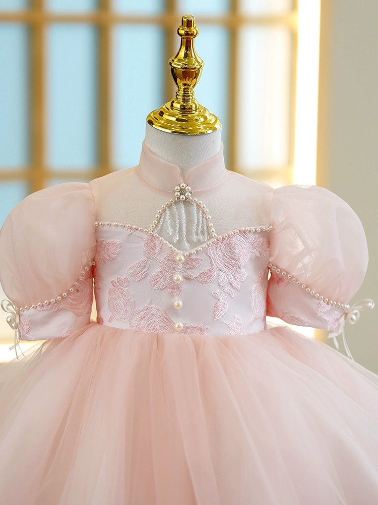 Princess Pink Tulle Back Zip Baptism Lace Tea Length Short Sleeve Puff Sleeve Mock Neck Flower Girl Dress