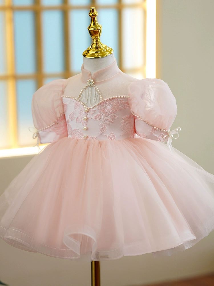 Princess Pink Tulle Back Zip Baptism Lace Tea Length Short Sleeve Puff Sleeve Mock Neck Flower Girl Dress