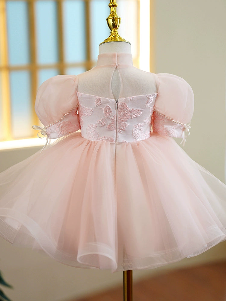 Princess Pink Tulle Back Zip Baptism Lace Tea Length Short Sleeve Puff Sleeve Mock Neck Flower Girl Dress