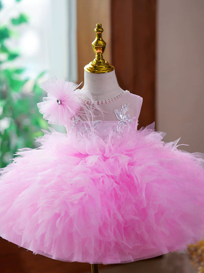 Princess Pink Tulle Back Zip Baptism Lace Tea Length Sleeveless Jewel Neck Flower Girl Dress