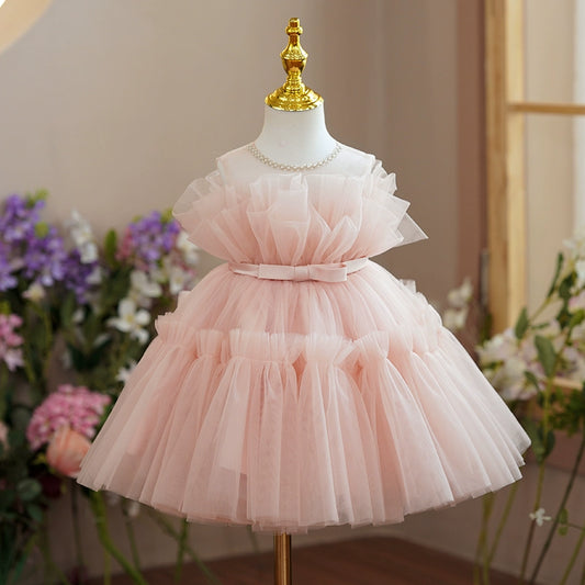 Princess Pink Tulle Back Zip Baptism Pleated Tea Length Sleeveless Round Flower Girl Dress