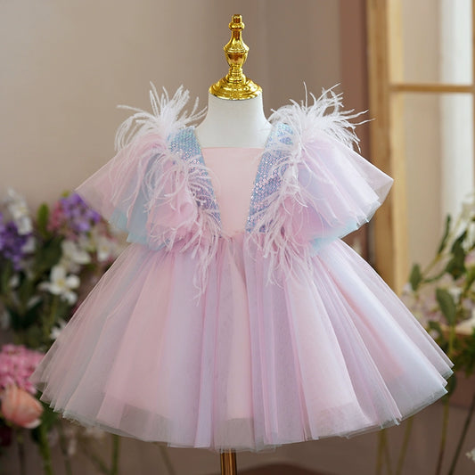 Princess Pink Tulle Back Zip Baptism Sequins Short Sleeve Cap Sleeve Square Flower Girl Dress