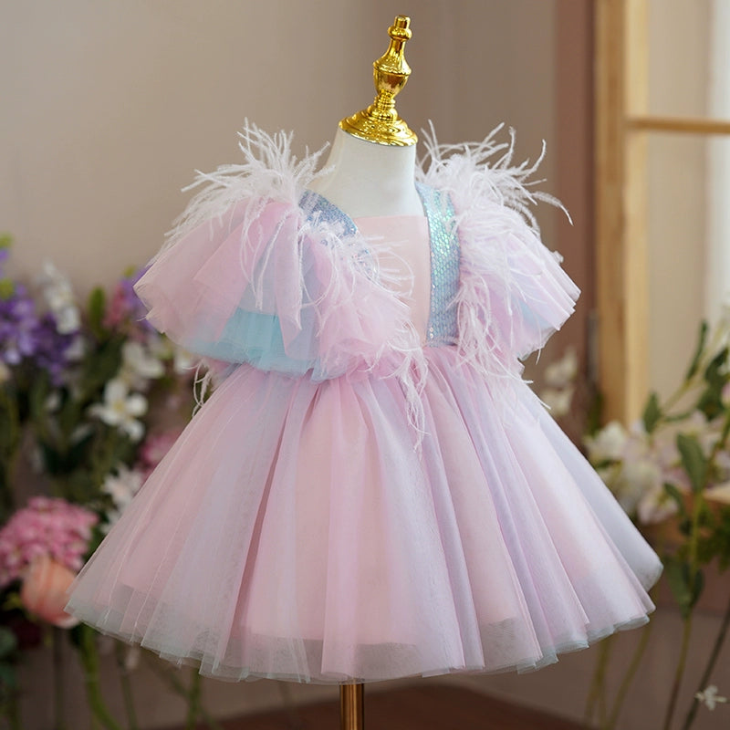 Princess Pink Tulle Back Zip Baptism Sequins Short Sleeve Cap Sleeve Square Flower Girl Dress