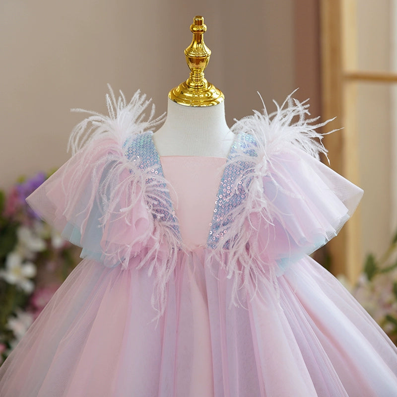 Princess Pink Tulle Back Zip Baptism Sequins Short Sleeve Cap Sleeve Square Flower Girl Dress