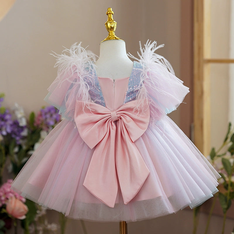 Princess Pink Tulle Back Zip Baptism Sequins Short Sleeve Cap Sleeve Square Flower Girl Dress