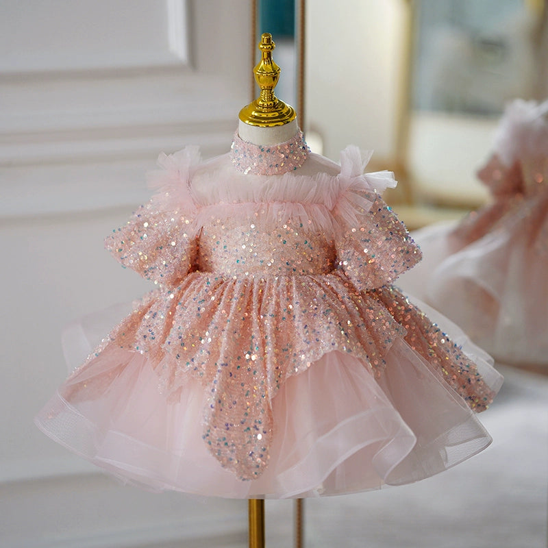 Princess Pink Tulle Back Zip Baptism Sequins Short Sleeve Puff Sleeve Mock Neck Flower Girl Dress