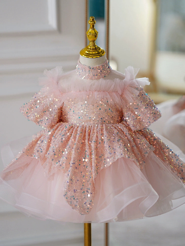 Princess Pink Tulle Back Zip Baptism Sequins Short Sleeve Puff Sleeve Mock Neck Flower Girl Dress