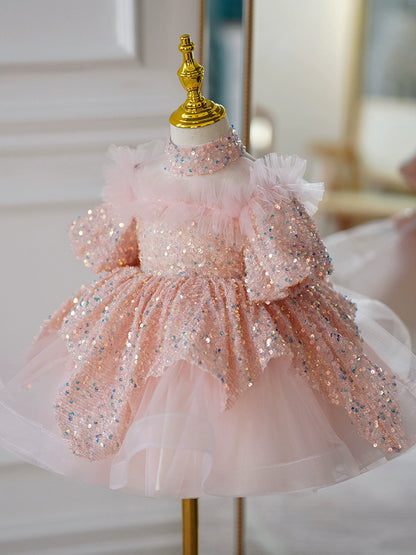 Princess Pink Tulle Back Zip Baptism Sequins Short Sleeve Puff Sleeve Mock Neck Flower Girl Dress