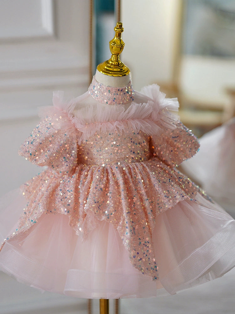 Princess Pink Tulle Back Zip Baptism Sequins Short Sleeve Puff Sleeve Mock Neck Flower Girl Dress