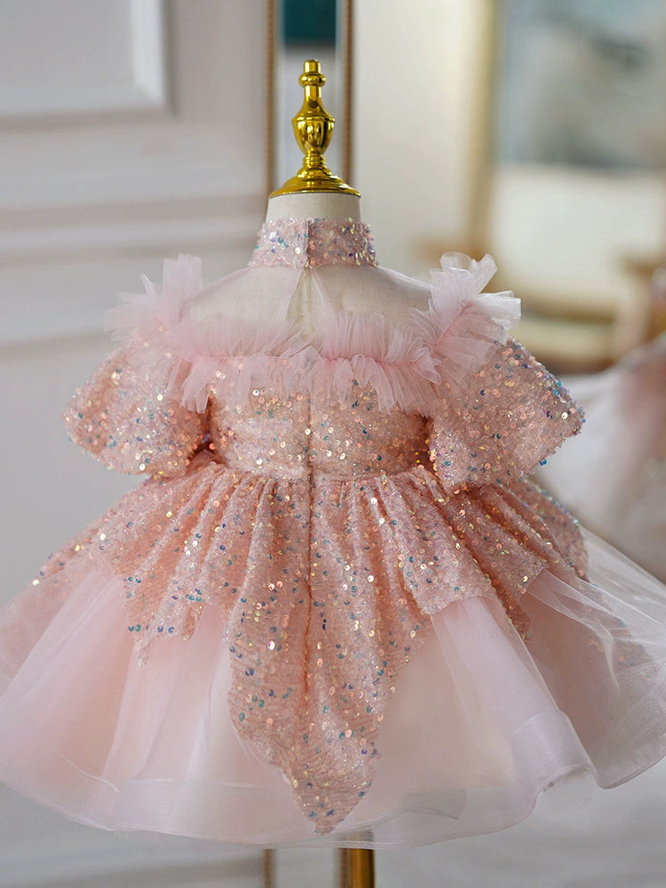 Princess Pink Tulle Back Zip Baptism Sequins Short Sleeve Puff Sleeve Mock Neck Flower Girl Dress