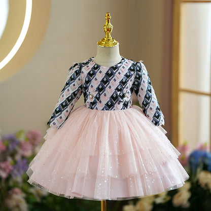 Princess Pink Tulle Back Zip Baptism Tea Length Long Sleeve Round Flower Girl Dress