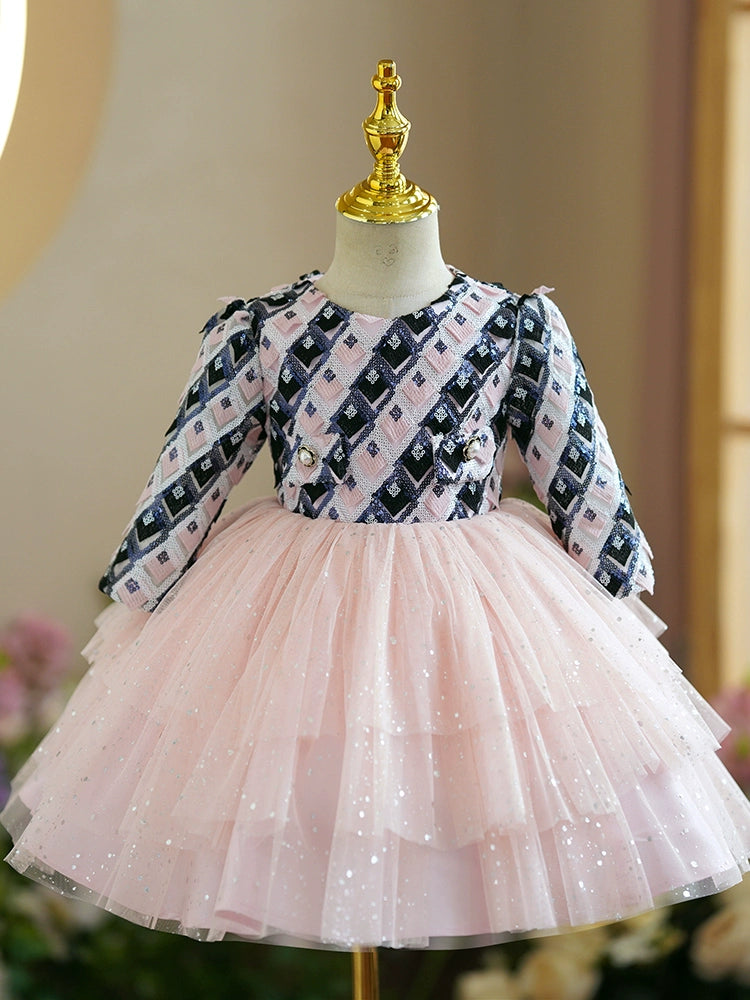 Princess Pink Tulle Back Zip Baptism Tea Length Long Sleeve Round Flower Girl Dress