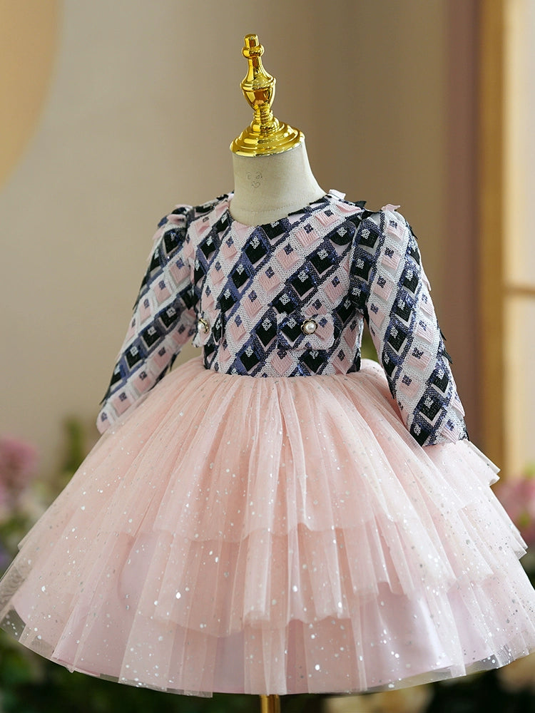 Princess Pink Tulle Back Zip Baptism Tea Length Long Sleeve Round Flower Girl Dress