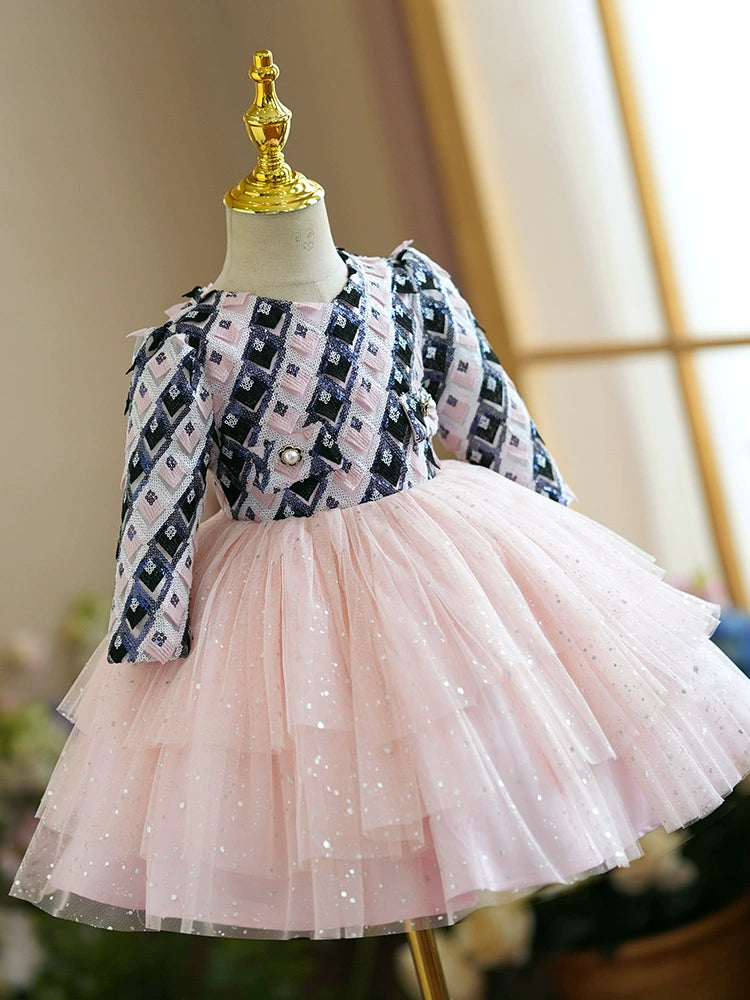 Princess Pink Tulle Back Zip Baptism Tea Length Long Sleeve Round Flower Girl Dress