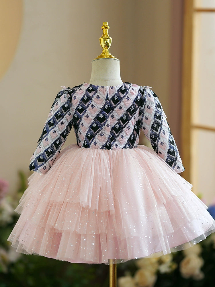 Princess Pink Tulle Back Zip Baptism Tea Length Long Sleeve Round Flower Girl Dress