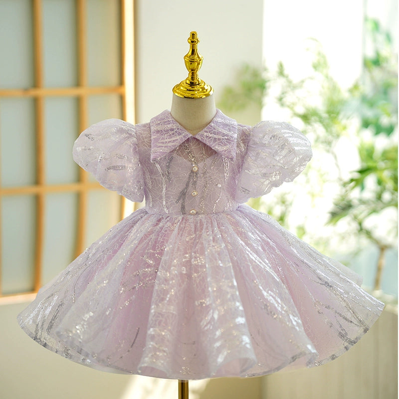 Princess Purple Organza Back Zip Baptism Sequins Tea Length Short Sleeve Puff Sleeve Collared Neck Flower Girl Dress